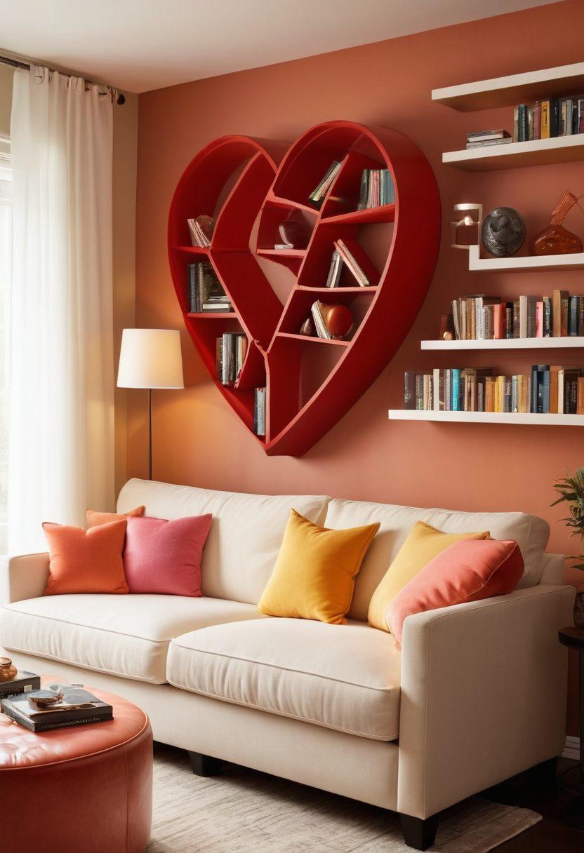 A cozy, modern room featuring a bookshelf filled with relationship advice books, a plush sofa with intimate decor, and a softly glowing lamp. In the foreground, a tasteful, abstract representation of adult entertainment intertwined with vibrant heart shapes, symbolizing love and intimacy. The atmosphere should feel warm and inviting, encouraging open conversations about relationships. super-realistic. warm colors. 3D.